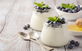 Yogurt in jars with blueberries on a table with spoons and honey