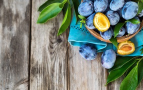 Свежие синие сливы с зелеными листьями на столе 