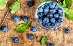 Спелые ягоды черники в стеклянной миске на столе 