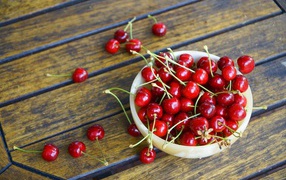Спелые красные вишни в тарелке на столе 
