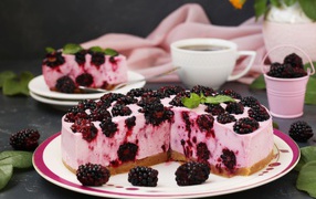 Чизкейк с ягодами ежевики на большой тарелке 