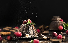 Шоколадный десерт на столе с ягодами клюквы 