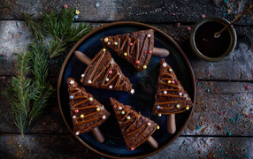 Вкусное шоколадное печенье с еловыми ветками и кофе на столе