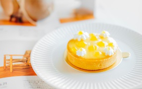 Вкусный творожный десерт на белой тарелке