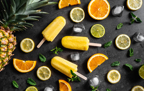 Фруктовое мороженое на сером фоне с цитрусовыми и лимоном 