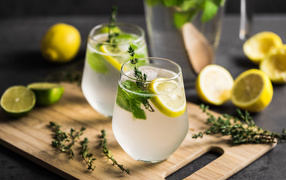 Два стакана мохито на столе с лимоном