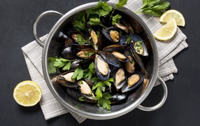 Свежие мидии в кастрюле с зеленью петрушки 