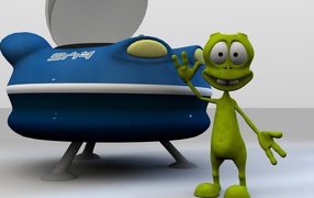 Зеленый инопланетянин у космического корабля 