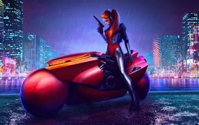 Девушка на фантастическом мотоцикле из видеоигры Cyberpunk