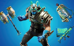 Воин выбирает оружие в игре Fortnite на голубом фоне