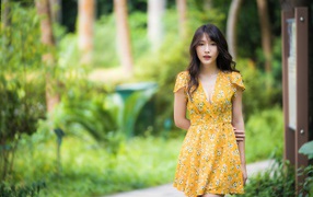 Beautiful Asian girl in a yellow dress