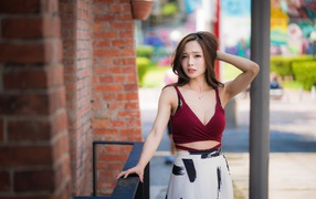 Beautiful Asian woman stands by a brick wall