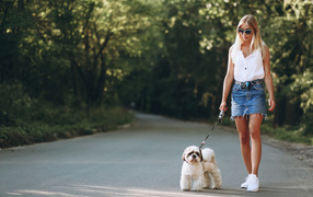 Красивая блондинка идет по дороге с собакой