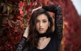 Красивая длинноволосая шатенка в черном платье