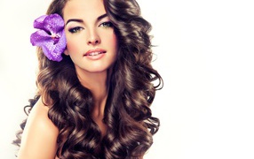 Beautiful long-haired girl with a flower in her hair on a white background