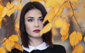 Девушка с красными губами у ветки с желтыми листьями