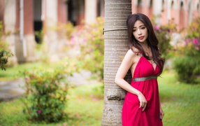 Стройная азиатка в красном платье у дерева 