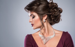 Стильная женщина с вечерней прической, макияжем и дорогими украшениями