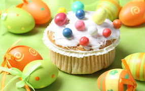 Delicious Easter cake on a table with eggs for a light Easter holiday