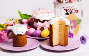 Delicious fragrant Easter cake on a table with flowers for Easter