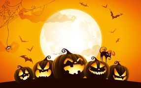 Halloween pumpkins on a yellow moon background