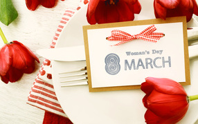Greeting card with red tulips on a plate for March 8