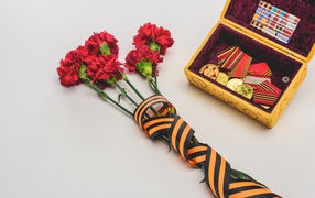 Bouquet of carnations with St. George ribbon and awards for Victory Day on May 9