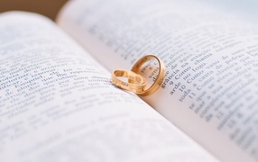 Two gold wedding rings lie on the book