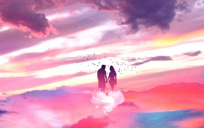 Силуэт влюбленной пары на облаке в форме сердца в небе 