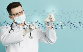 Мужчина доктор изучает молекулы на голубом фоне