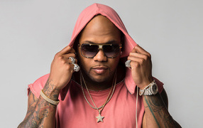 Рэпер Flo Rida на сером фоне
