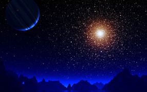 Яркая звезда в небе  с планетой над горами