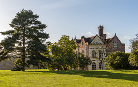 Красивый дом с деревьями и зеленым газоном