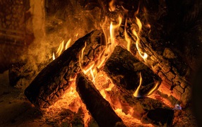 Горящие поленья в камине крупным планом