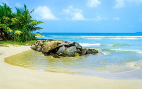 Много камней на берегу тропического пляжа летом