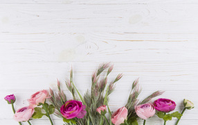 Букет разноцветных лютиков на белом столе