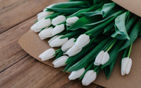 Большой букет белых тюльпанов в бумажном пакете 