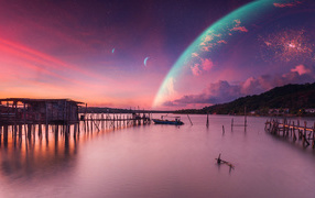 Большая планета в небе над тихим озером