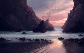 Стая птиц пролетает над скалами у моря 