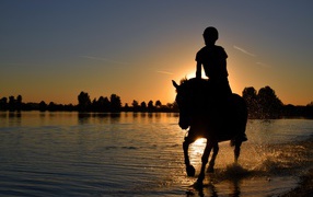 The girl on a horse jumps on water at sunset