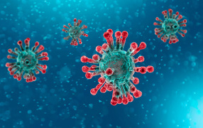 Страшные бактерии коронавируса COVID-19 на голубом фоне