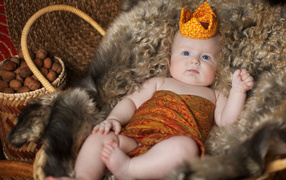 Маленький грудной ребенок в короне лежит в корзине 