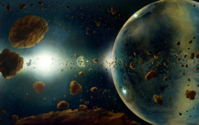 Asteroids in space fly to planet Earth