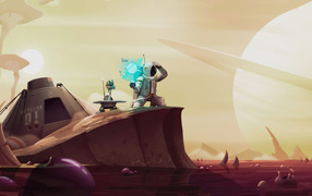 Астронавт с роботом на неизвестной планете в космосе 