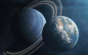 Большая планета Сатурн и планета Земля в космосе 