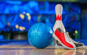 Bowling ball, skittles and sneakers