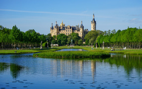 View of the beautiful Schwerin Castle by the pond, Germany