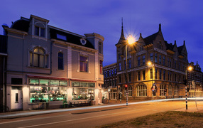 Houses on a night street in the Netherlands