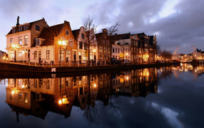 Houses on the canal in the evening, Netherlands