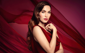 American actress Megan Fox on a red background